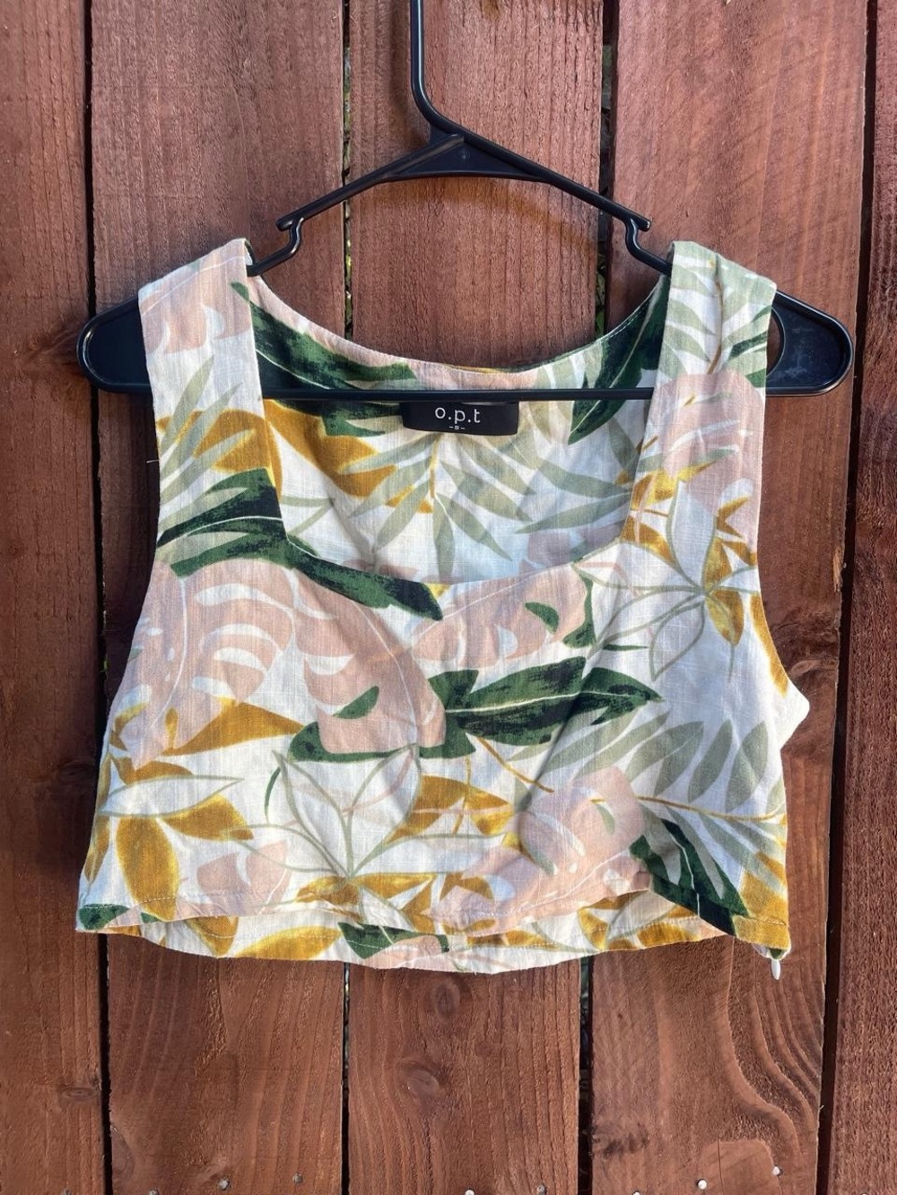 o.p.t Green Tropical Linen Blend Vacation Cropped Tank Top Sz S Cream